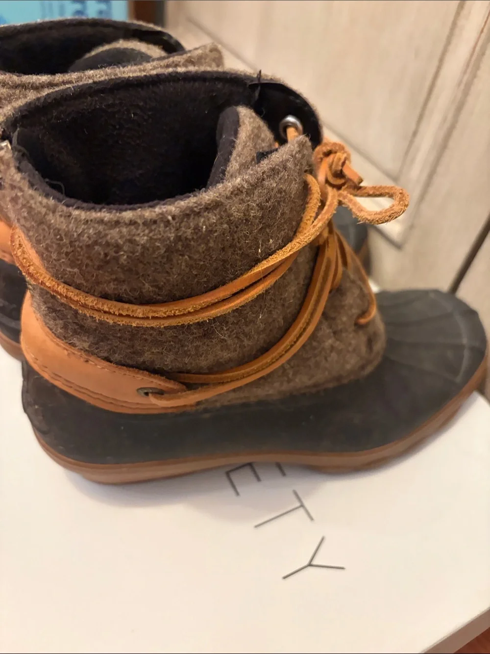 Sperry Brown Wool Upper Black Rubber Duck Boots with Tan Laces